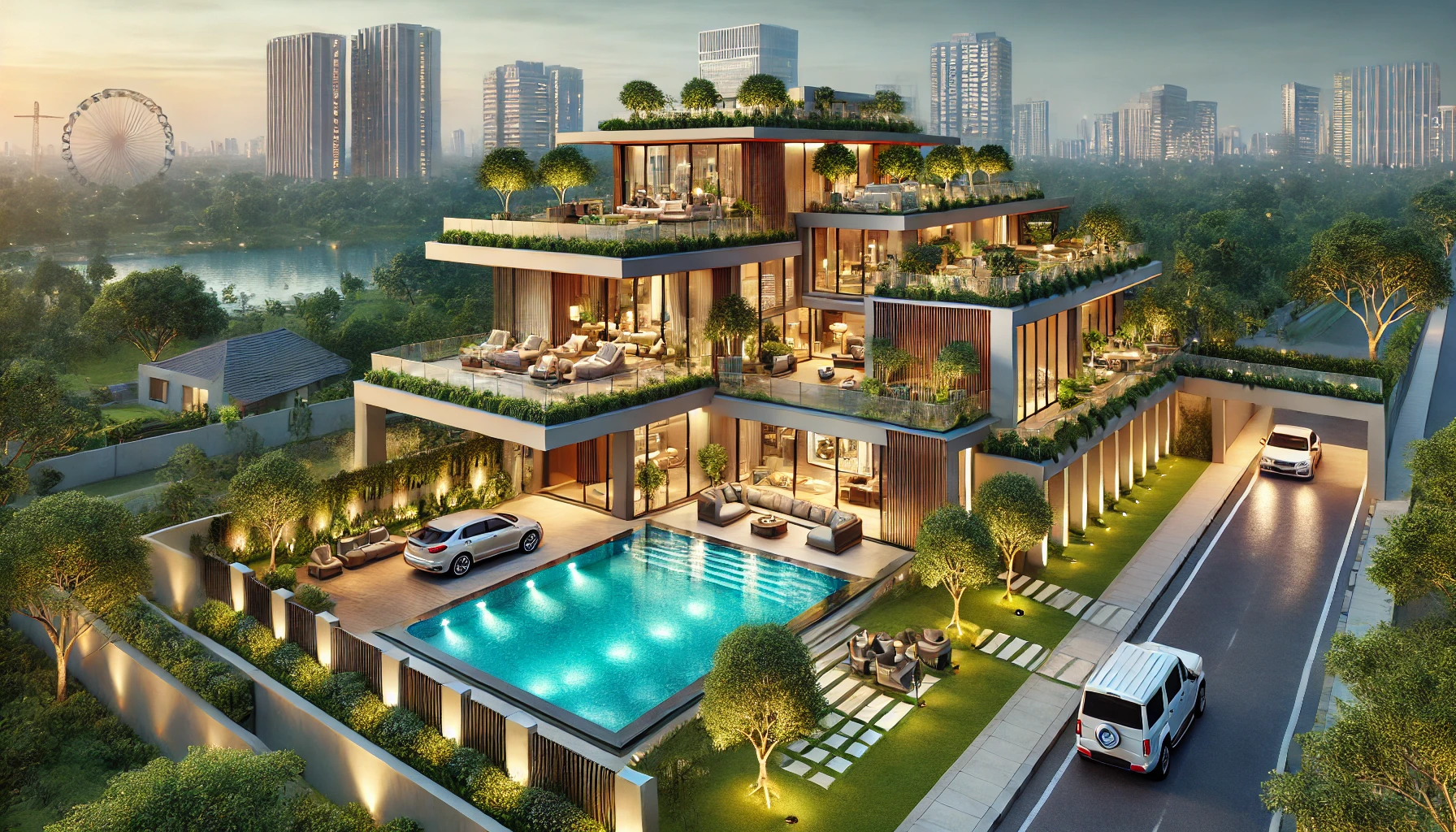 A luxurious Indian real estate property set in an urban environment, featuring a high-end modern mansion with sleek architecture, expansive glass wind - UrbanShells – Zero Brokerage Property Platform In India